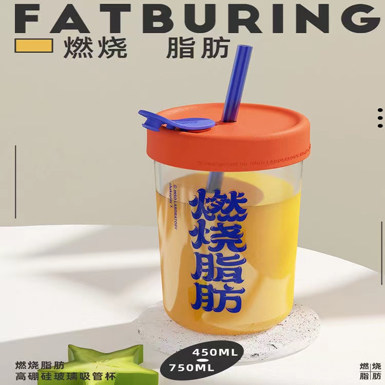 450/750ml HB Single-Layer Glass Cup With Silicone Lid and Two Glass Straws For Milk-Tea Juice&Coffee